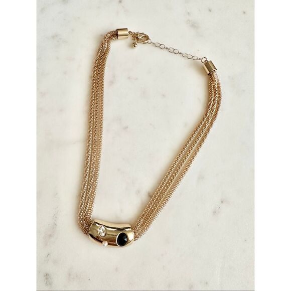 Gold color statement necklace with faux pearl & rhinestone - Picture 1 of 4